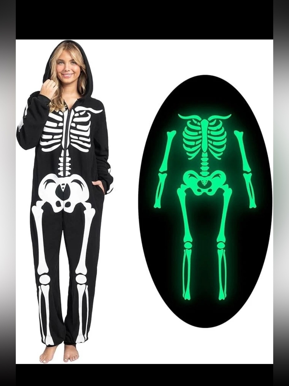 Adult Skeleton Halloween Costume Glow in the Dark Jumpsuit Pajama Sz M